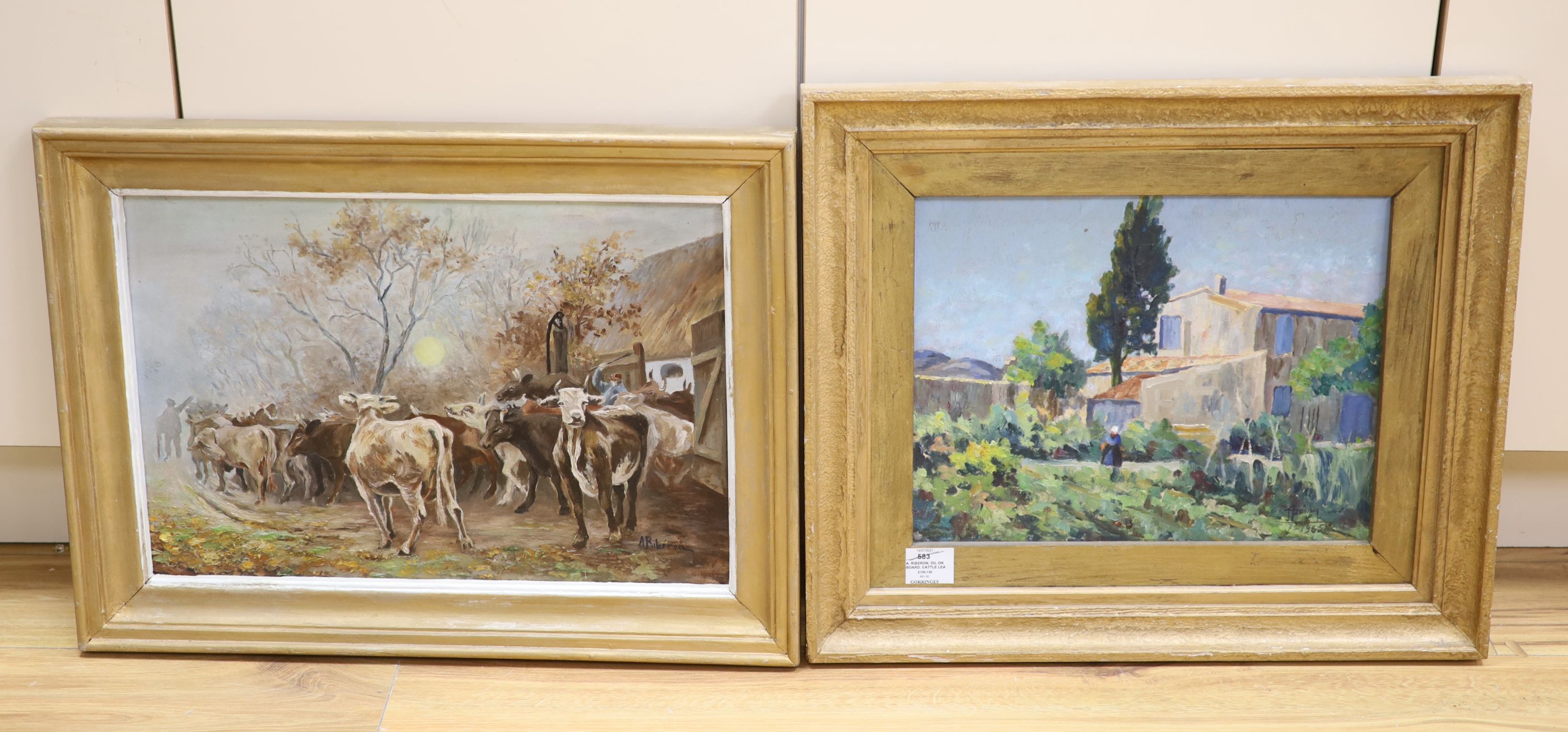 A. Riberon, oil on board, Cattle leaving a barn, signed, 33 x 49cm and an oil of a woman in a garden, 30 x 38cm